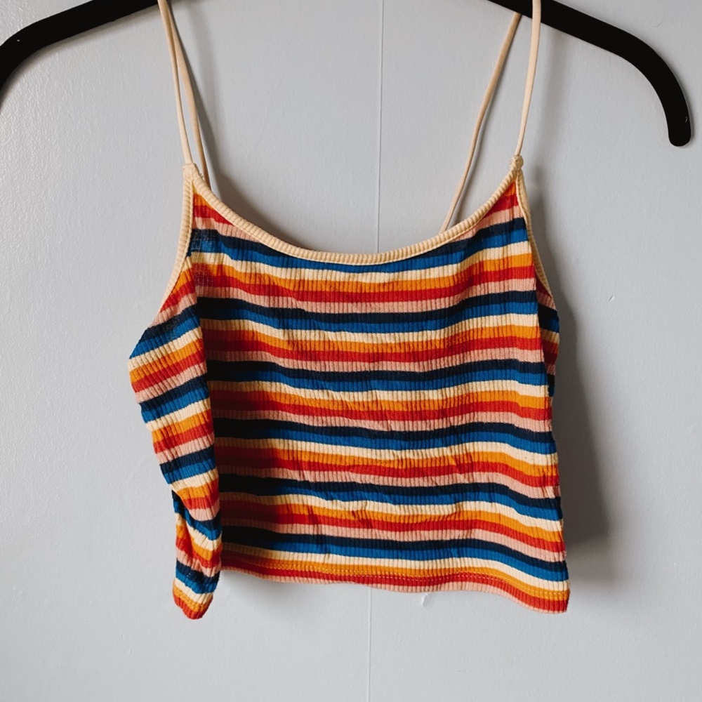 rainbow stripped crops red shirt + pacsun